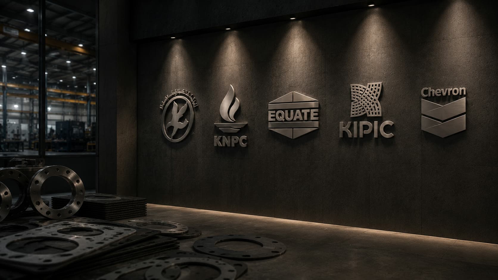 A lit wall carrying the marks of the Kuwait oil-sector companies that have approved Al-Fares