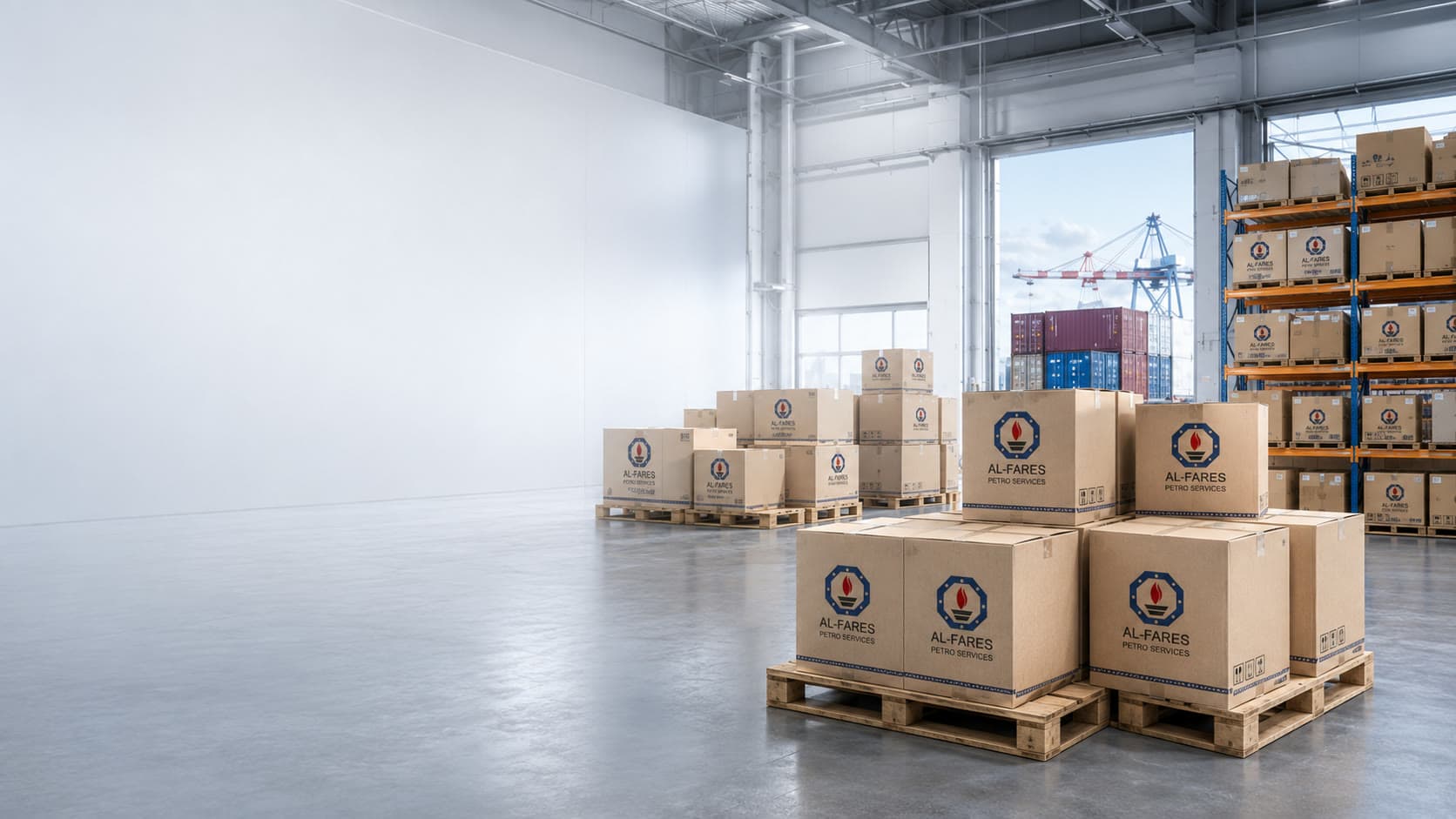Al-Fares Petro Services branded cartons palletised in the trading warehouse, with container cranes beyond the loading bay