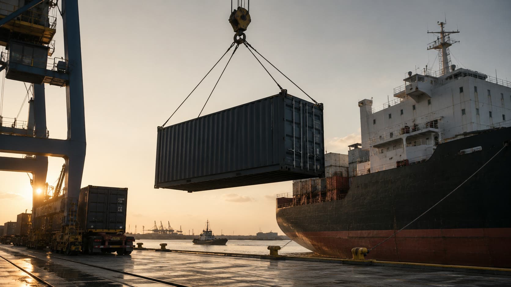 A container being craned onto a ship at dusk, bound for customers across the GCC